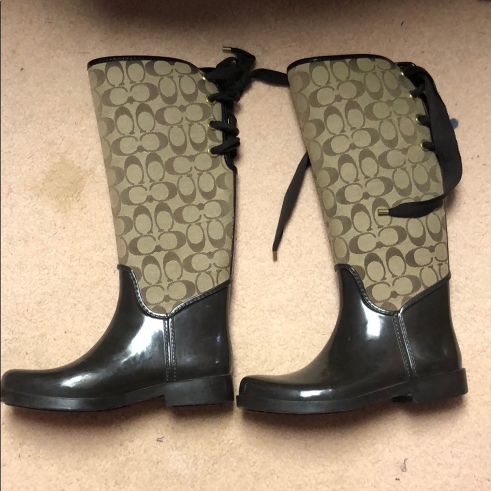 Brown coach rain boots with back tie